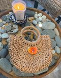 Straw Round Handled Tote (S)- Orange Peony