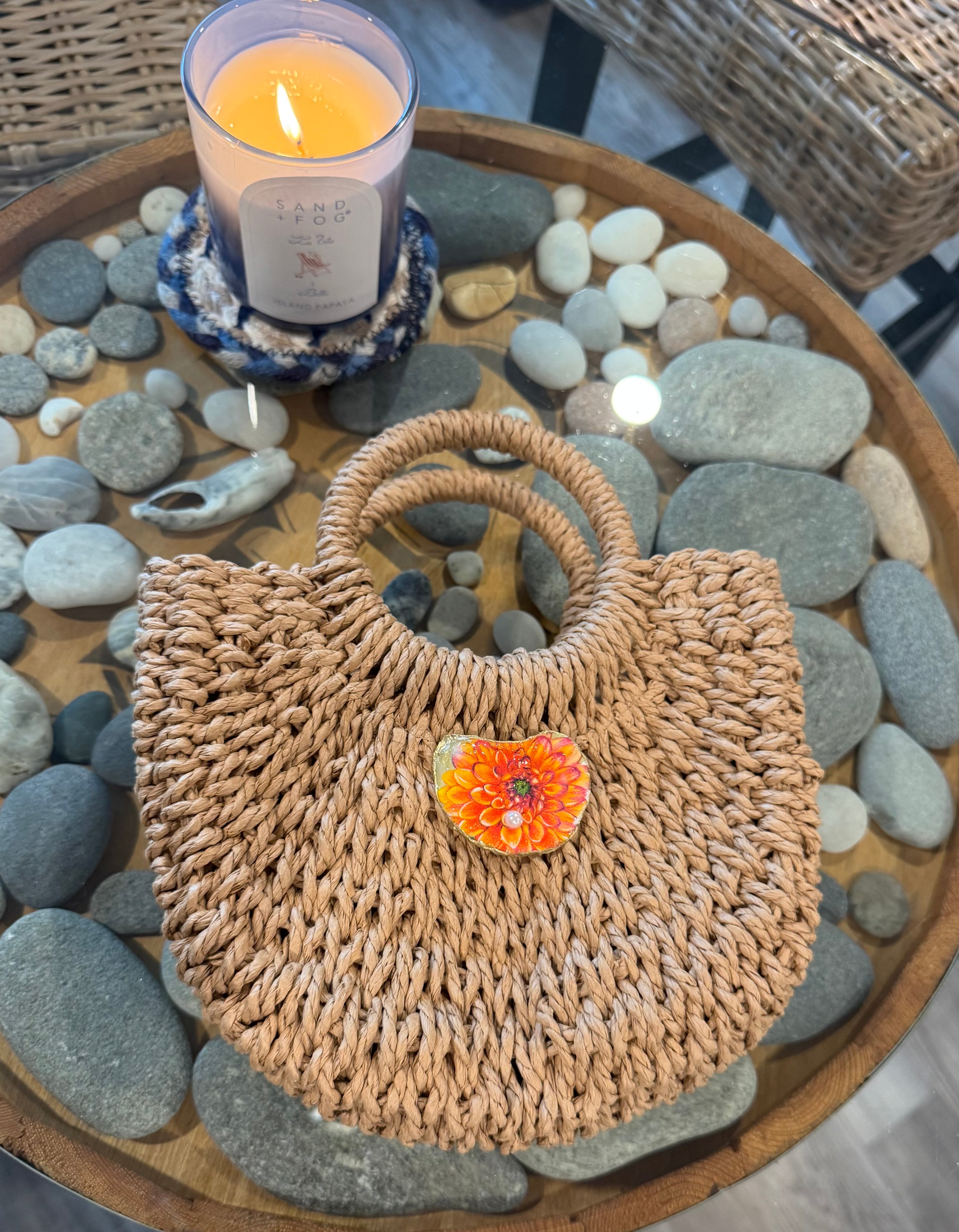 Straw Round Handled Tote (S)- Orange Peony