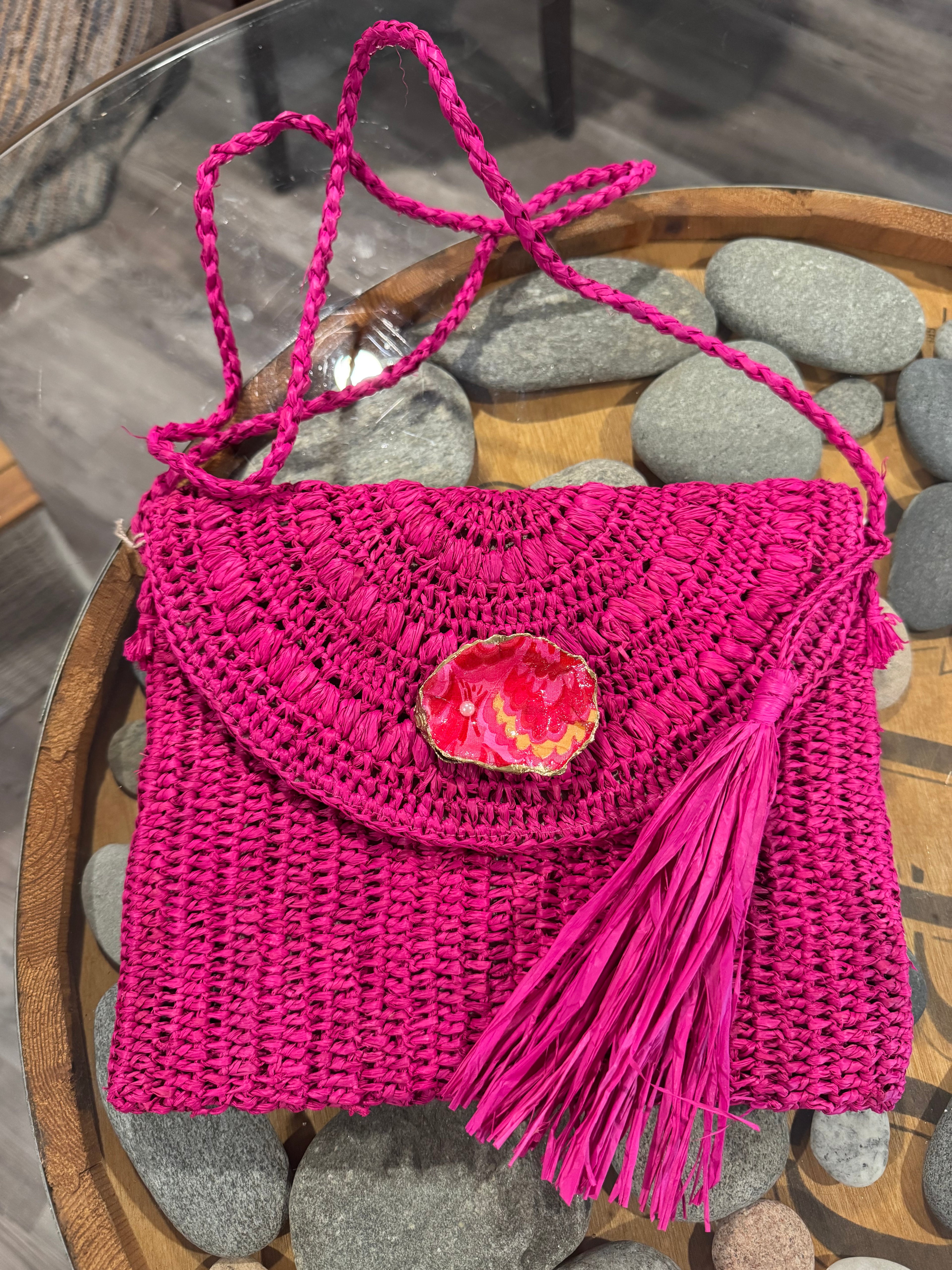 Oyster Embellished Straw Envelope Clutch - Pink with Red/Orange/Gold Swirl