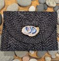 Oyster Embellished Straw Envelope Clutch - Black with Blue/Tan Floral