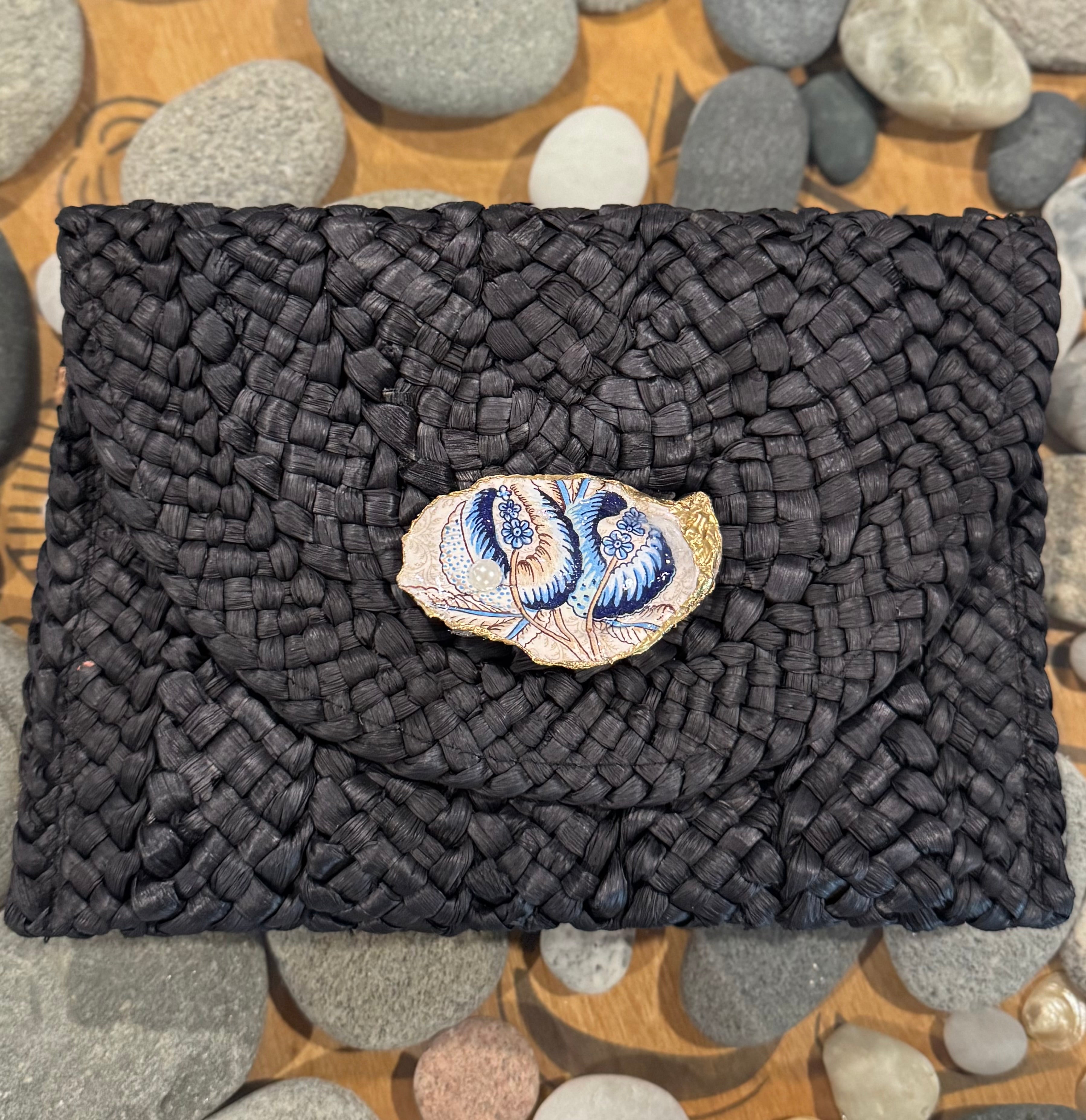 Oyster Embellished Straw Envelope Clutch - Black with Blue/Tan Floral