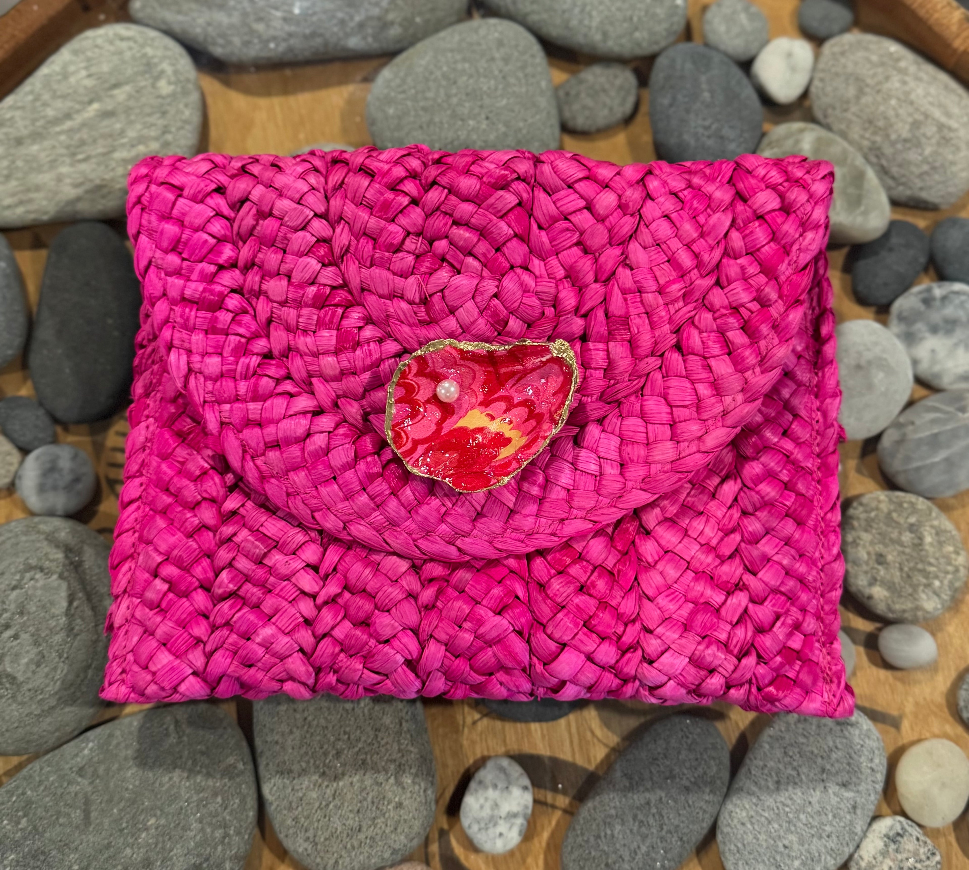 Oyster Embellished Straw Envelope Clutch - Pink with Orange/Red/Gold Wave