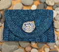 Oyster Embellished Straw Envelope Clutch - Blue with Blue/Tan Flower