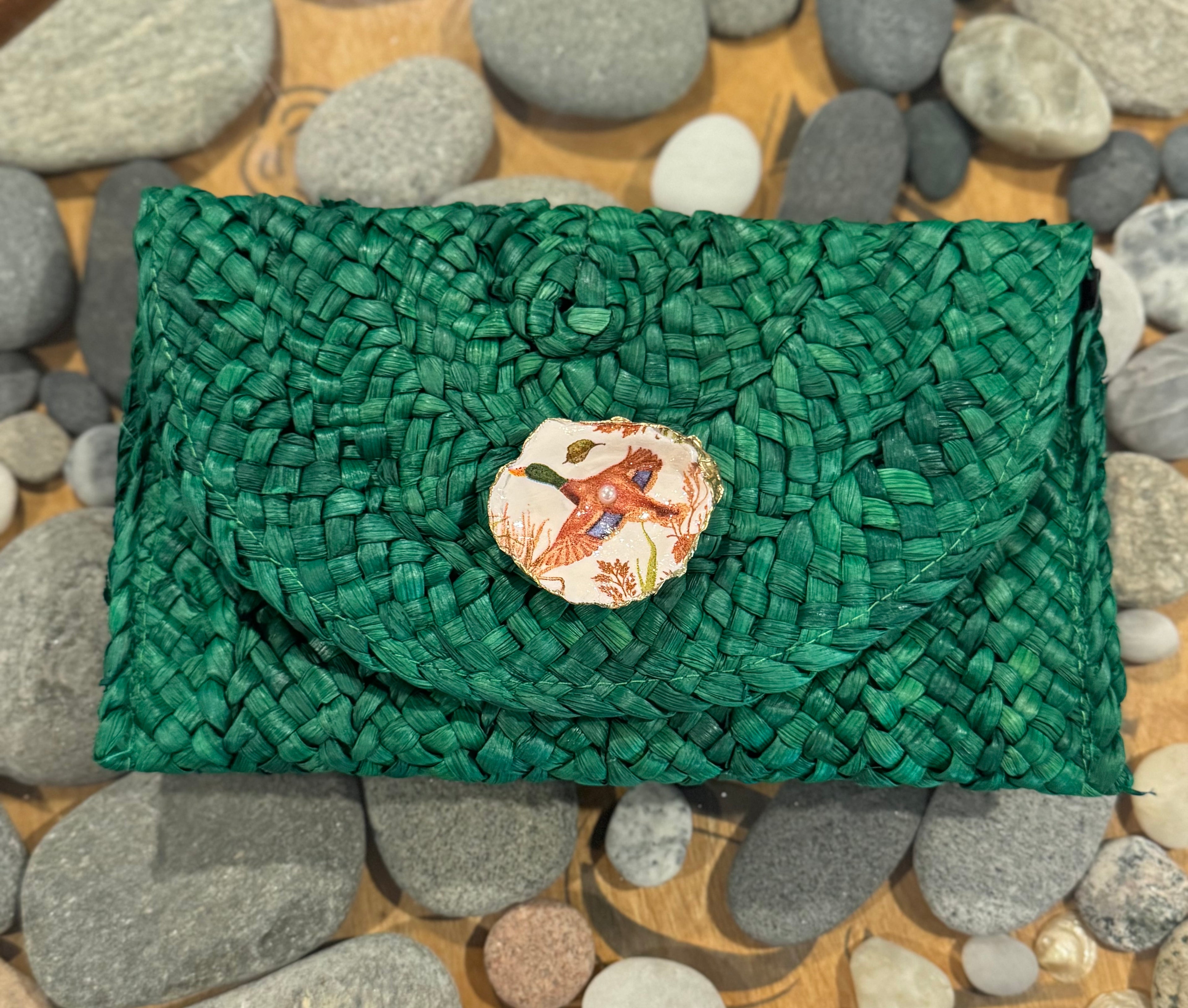 Oyster Embellished Straw Envelope Clutch - Green with Duck in Flight