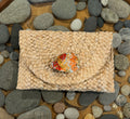 Oyster Embellished Straw Envelope Clutch - Natural with Fall Leaves