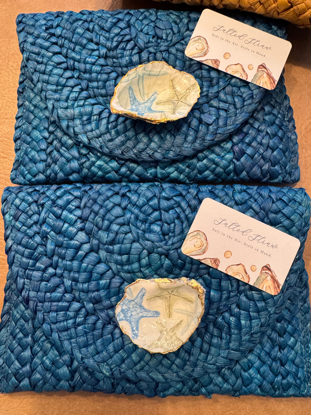 Oyster Embellished Straw Envelope Clutches