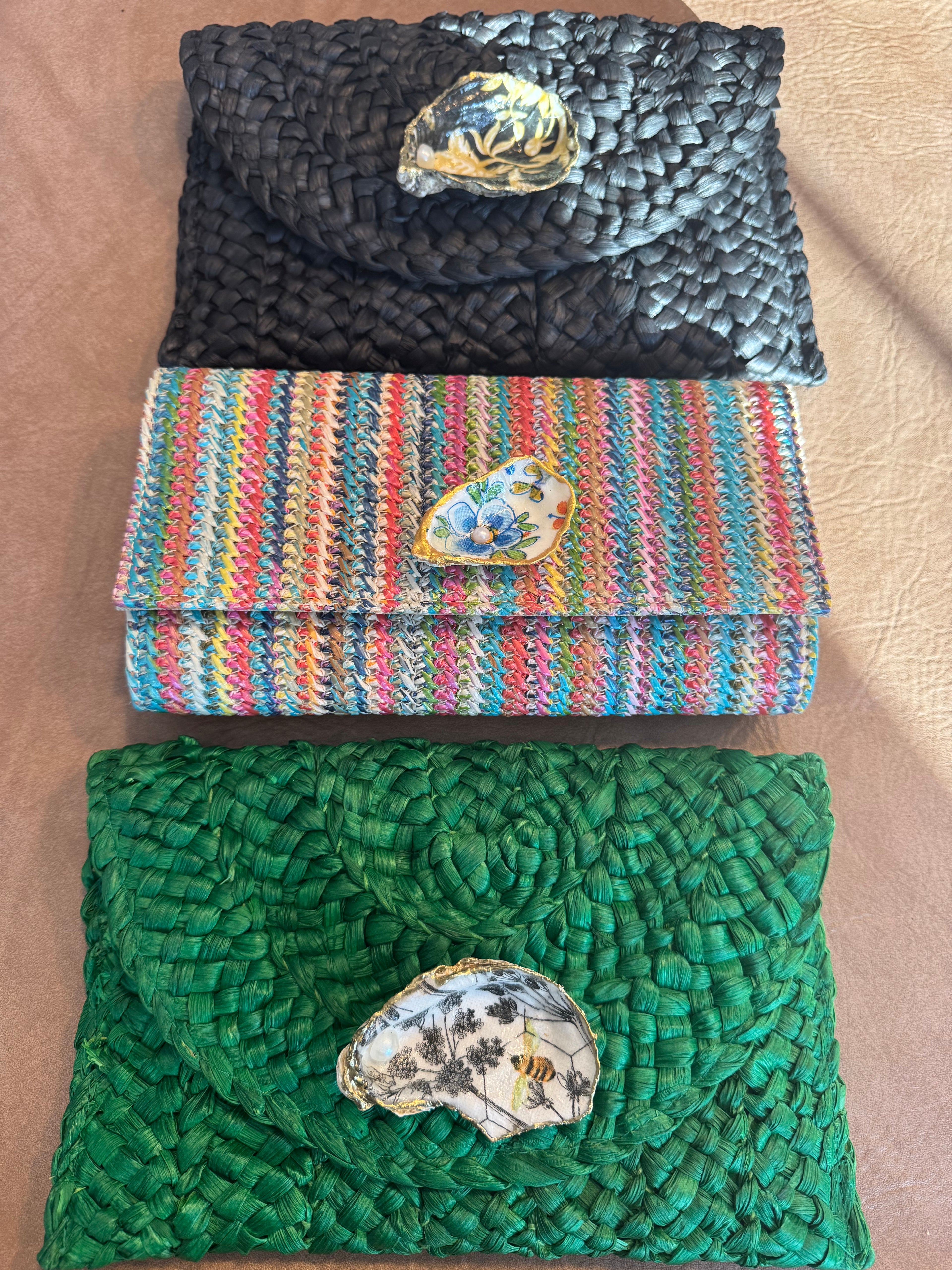 Oyster Embellished Straw Envelope Clutches
