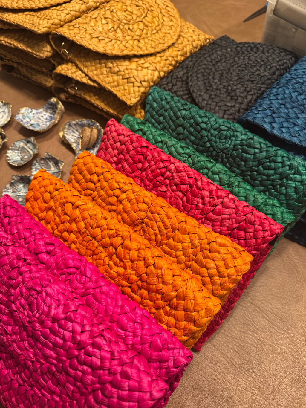 Oyster Embellished Straw Envelope Clutches