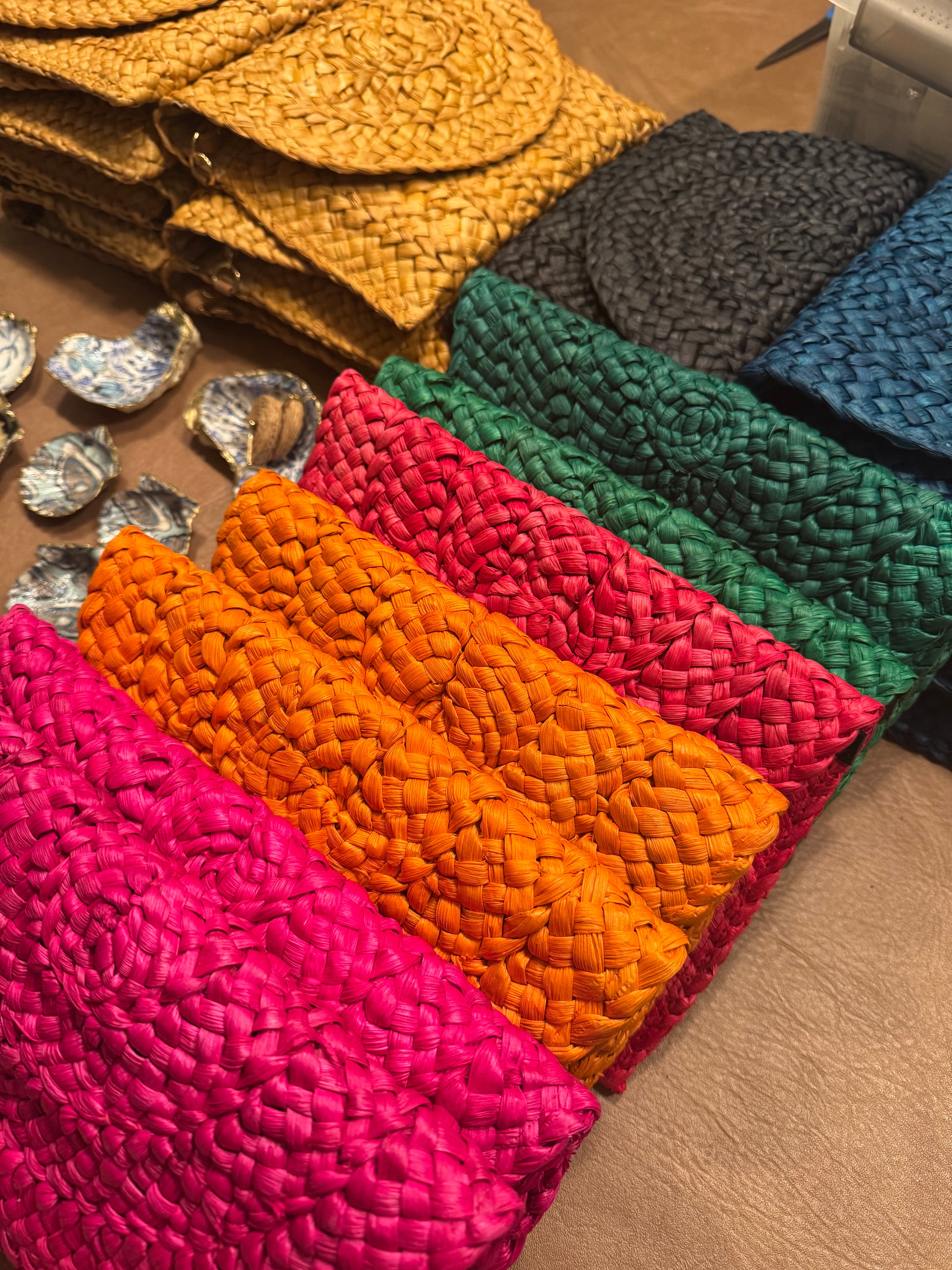 Oyster Embellished Straw Envelope Clutches