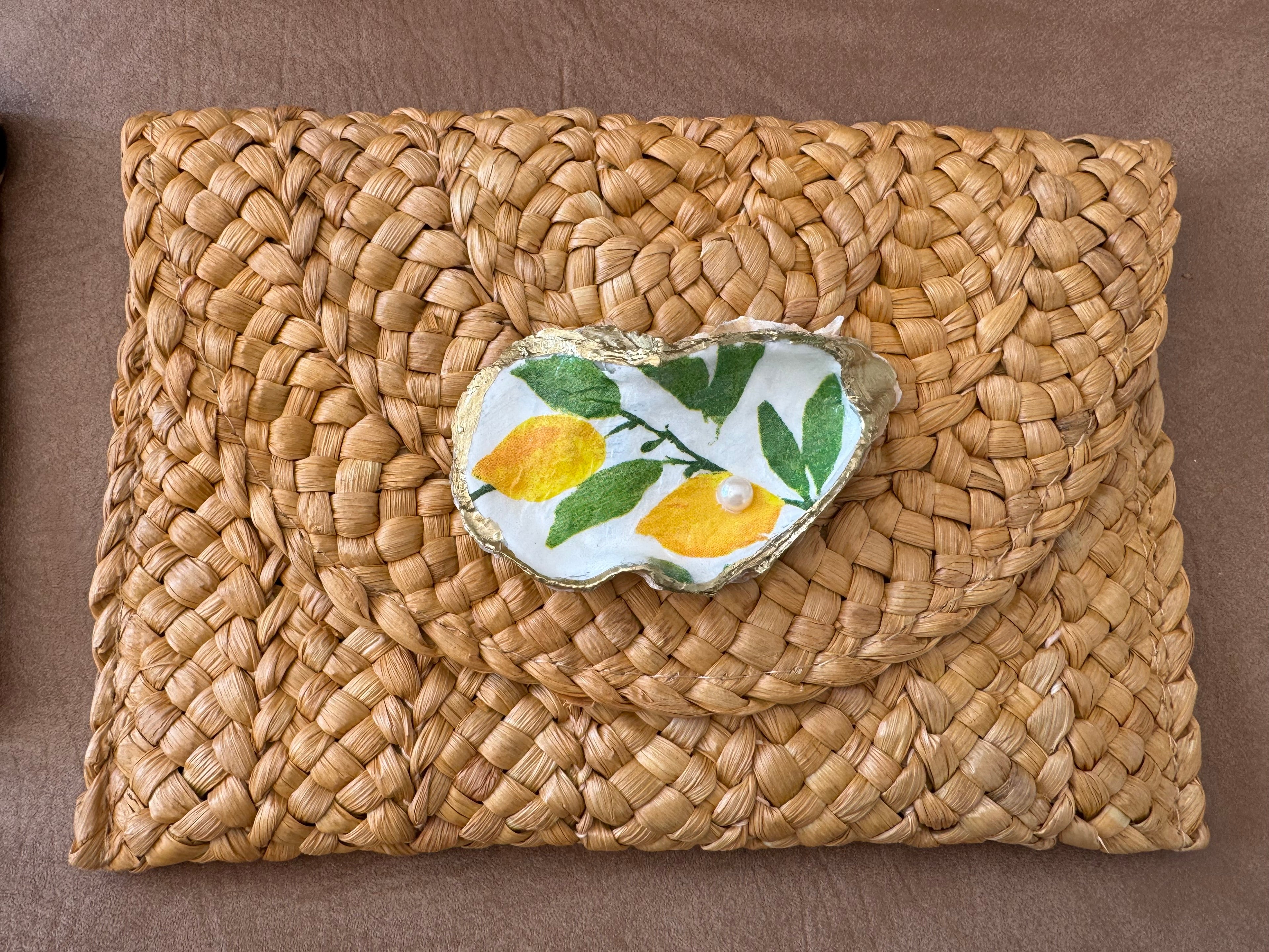 Oyster Embellished Straw Envelope Clutches