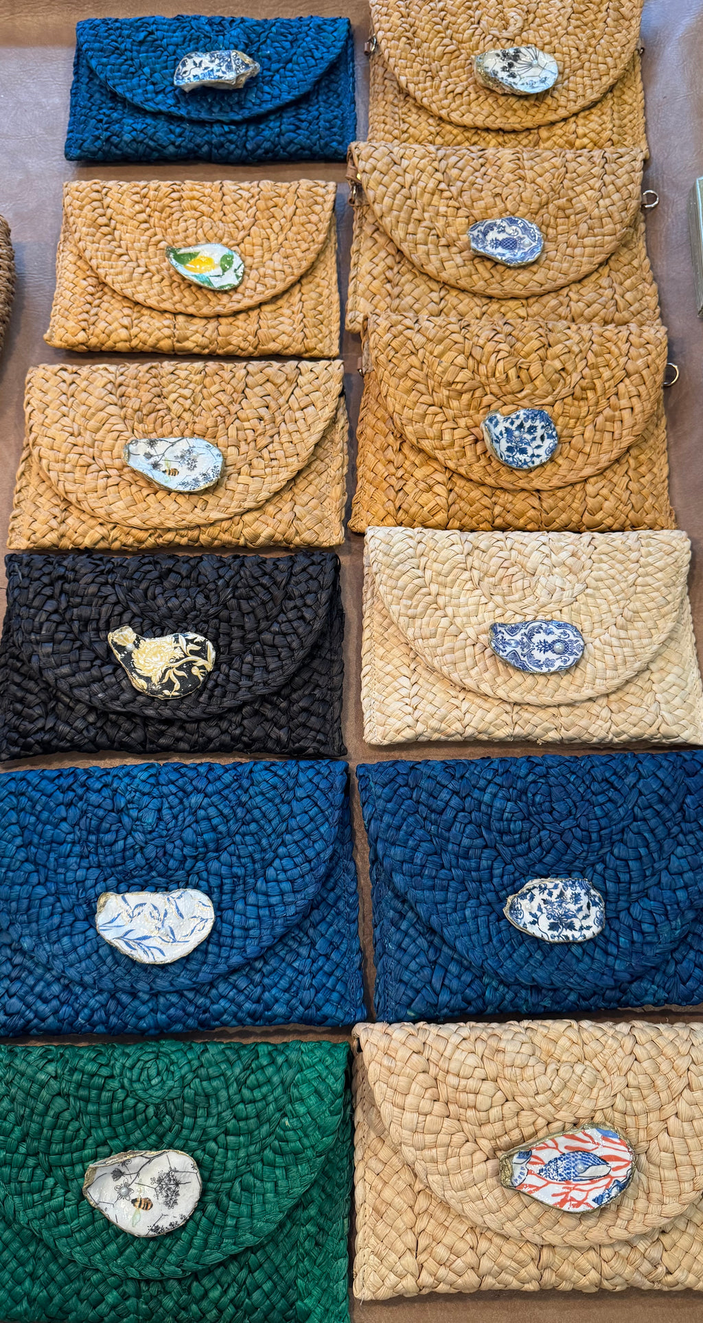 Oyster Embellished Straw Envelope Clutches