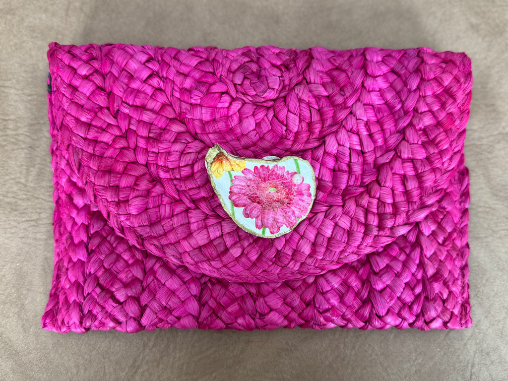 Oyster Embellished Straw Envelope Clutches