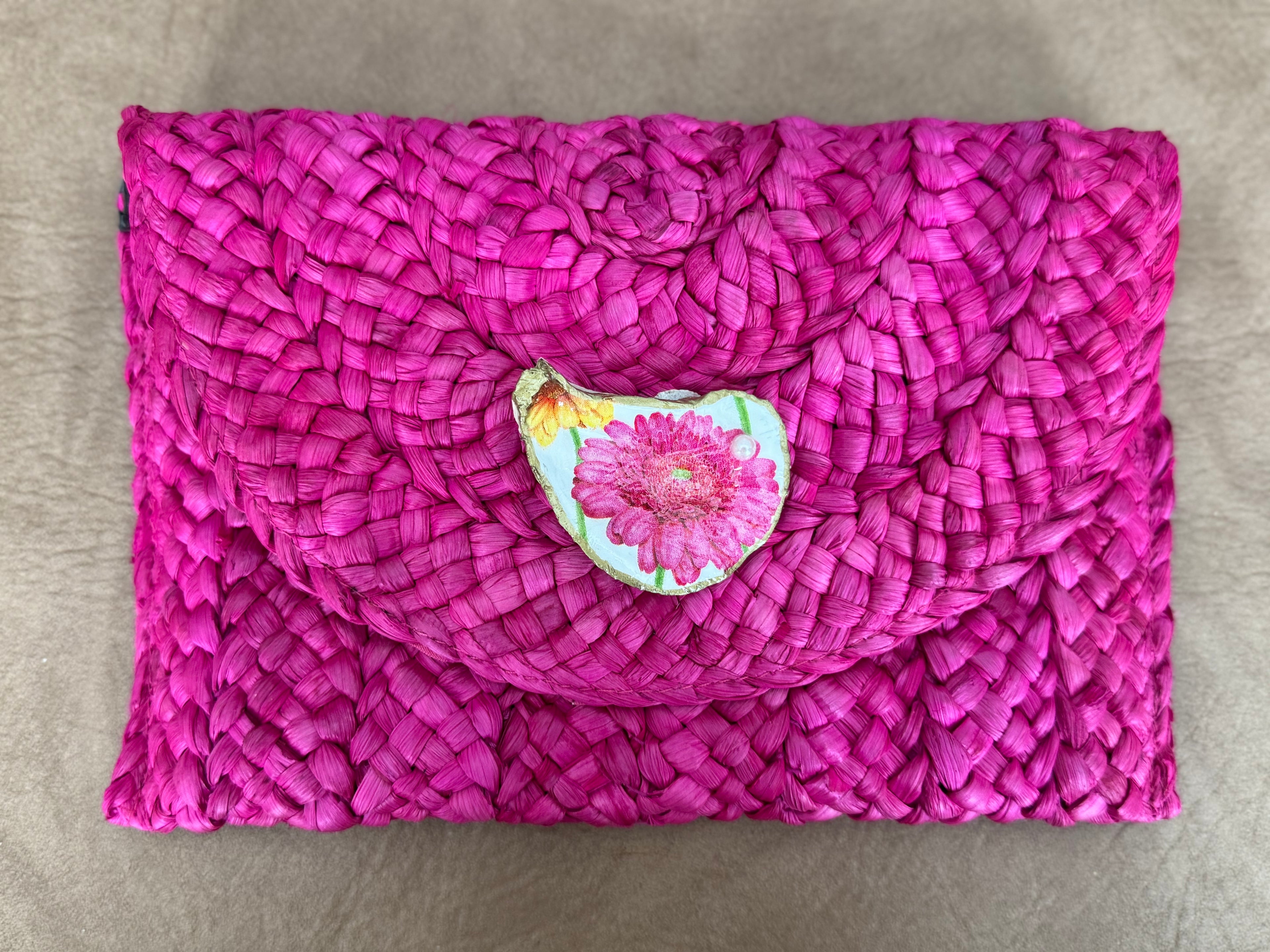 Oyster Embellished Straw Envelope Clutches