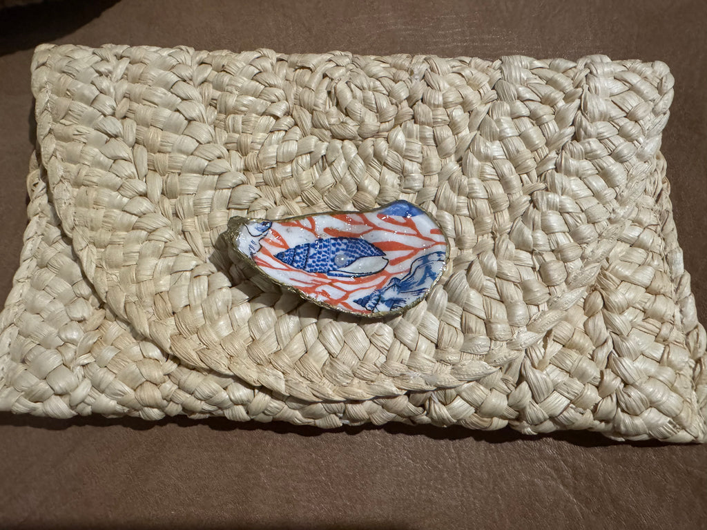 Oyster Embellished Straw Envelope Clutches