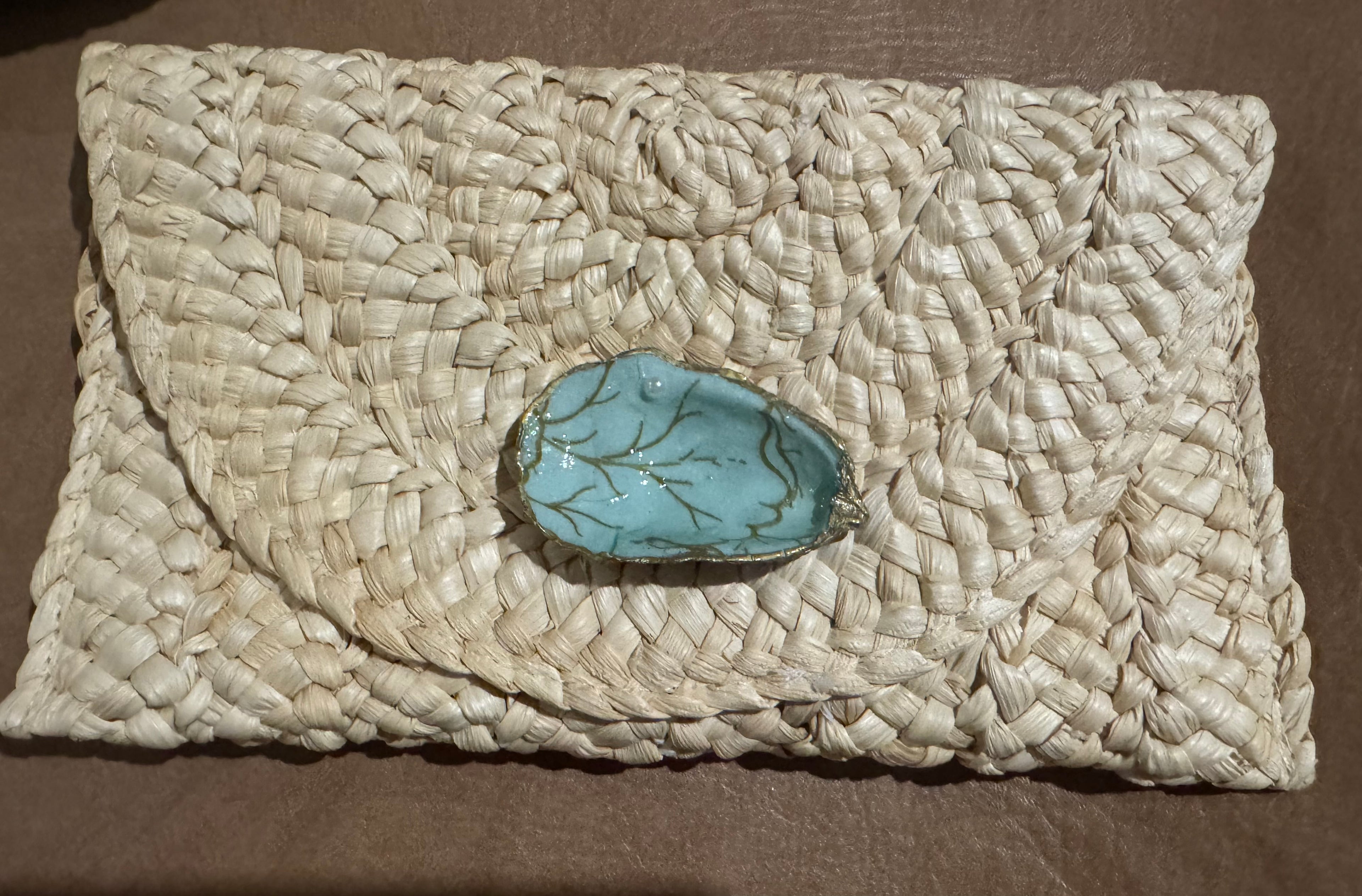 Oyster Embellished Straw Envelope Clutches