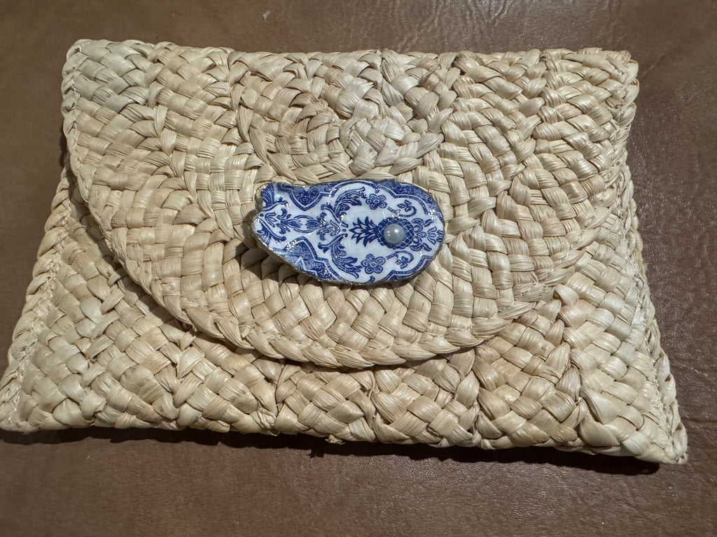 Oyster Embellished Straw Envelope Clutches