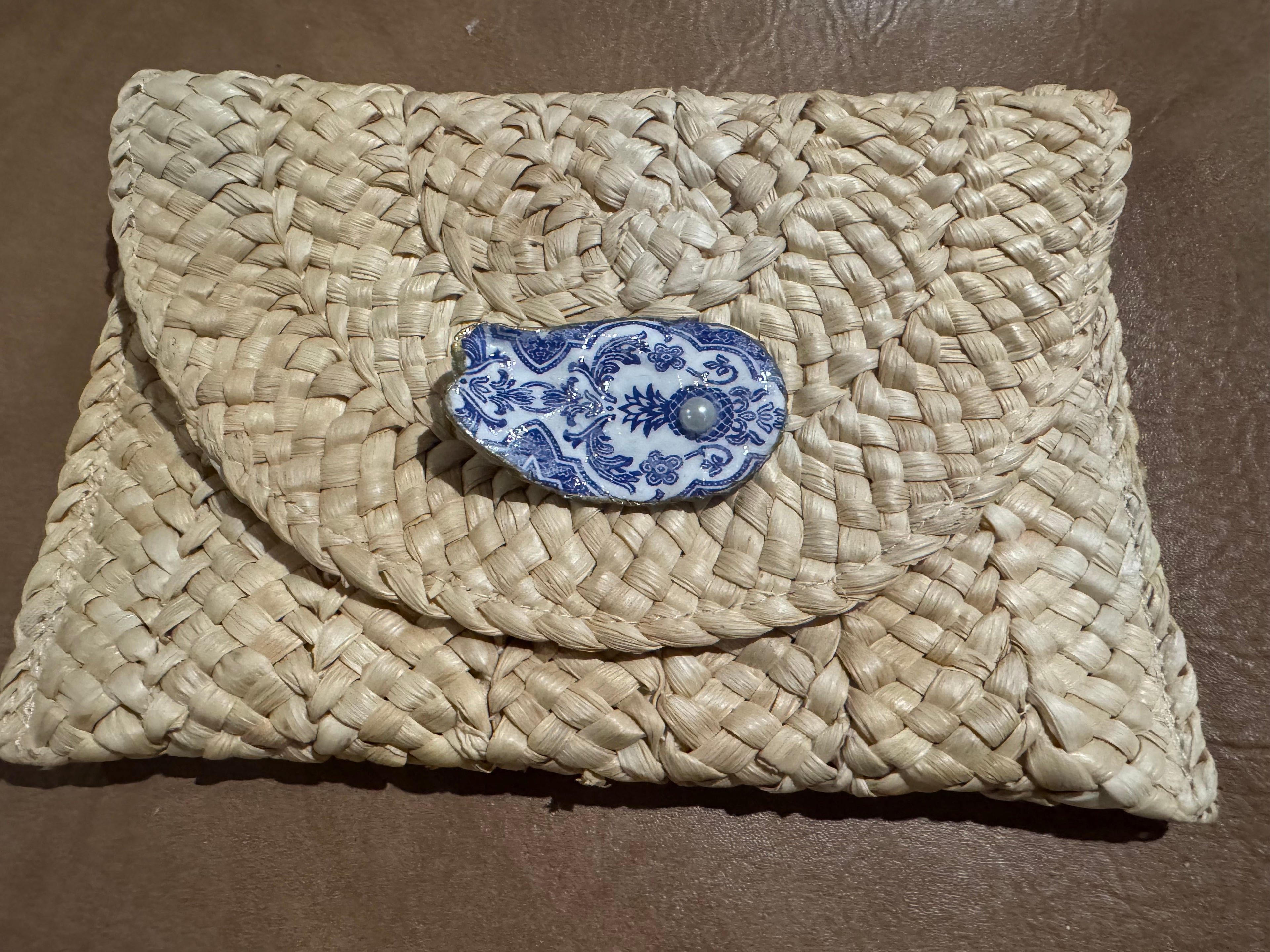 Oyster Embellished Straw Envelope Clutches