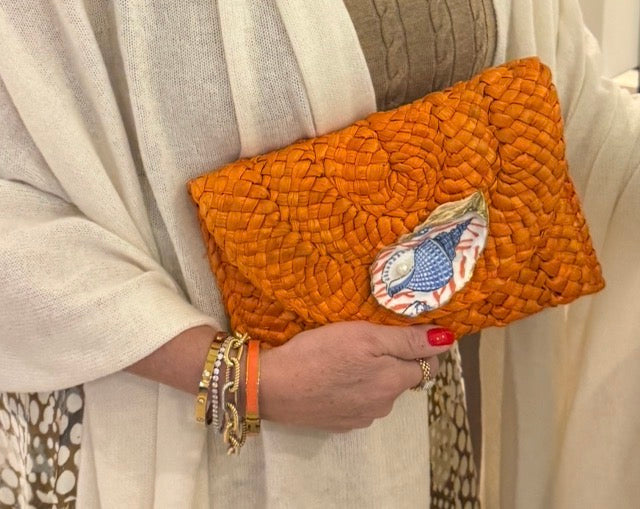 Oyster Embellished Straw Envelope Clutches