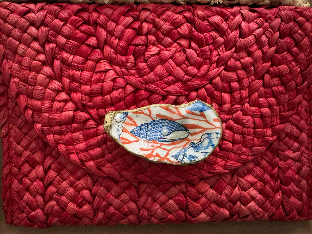 Oyster Embellished Straw Envelope Clutches