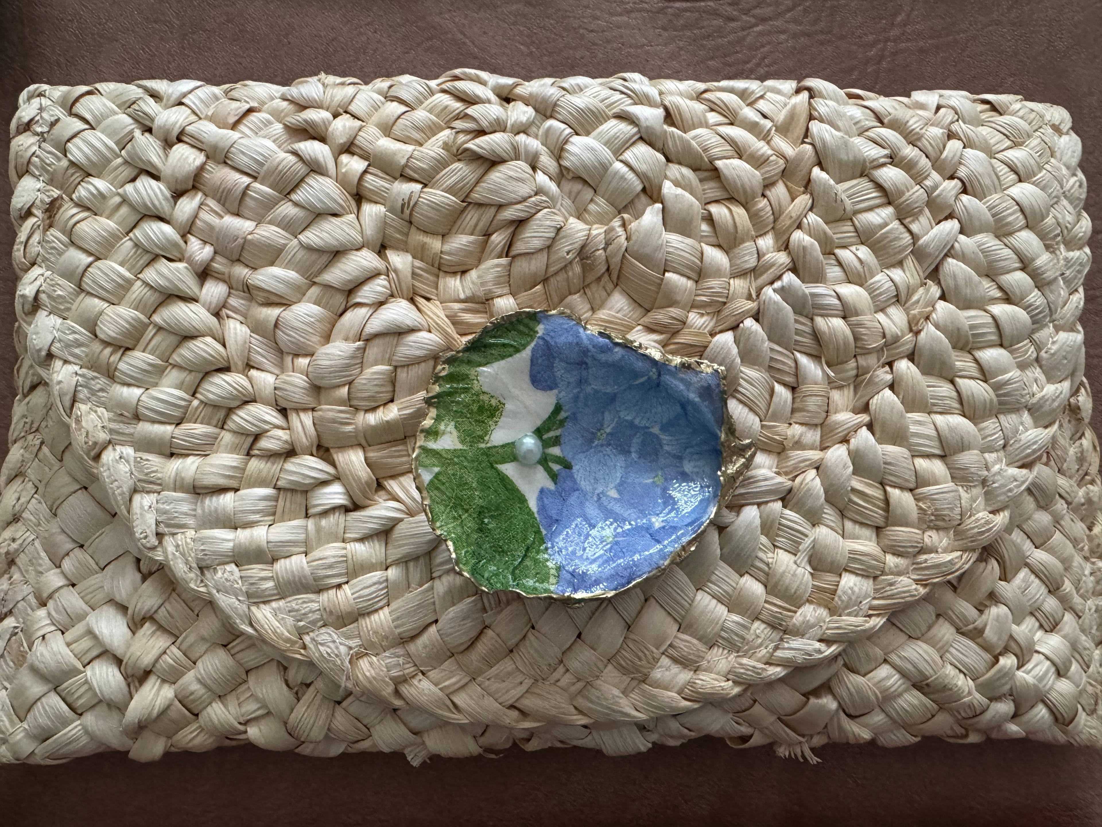 Oyster Embellished Straw Envelope Clutches