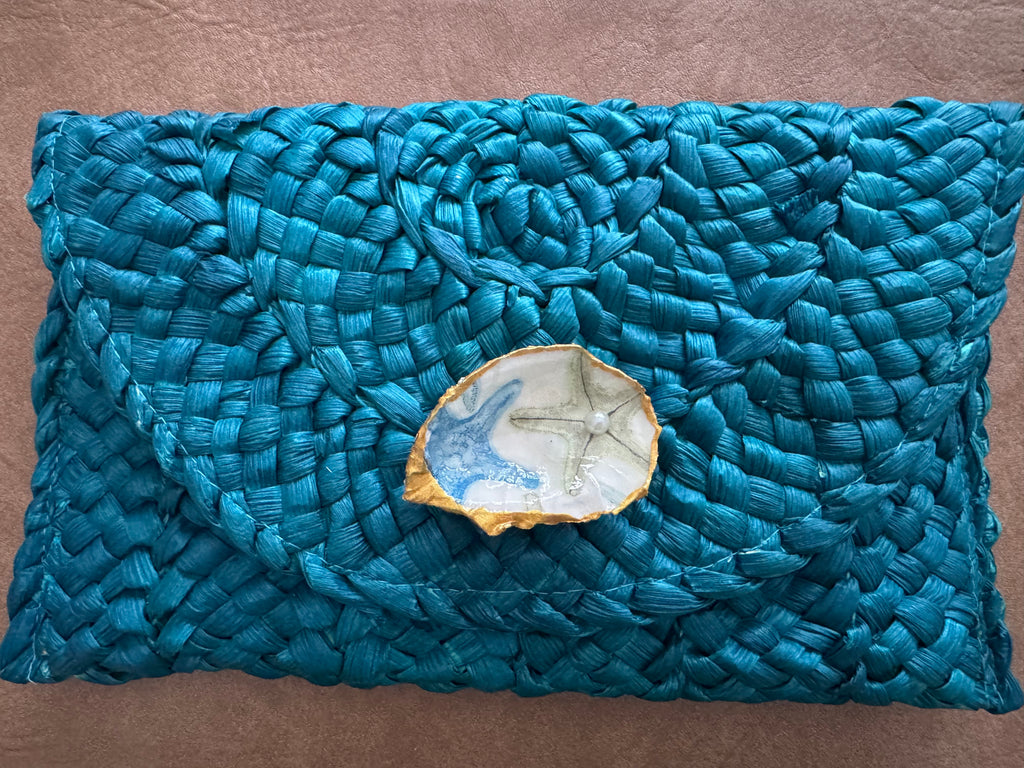 Oyster Embellished Straw Envelope Clutches
