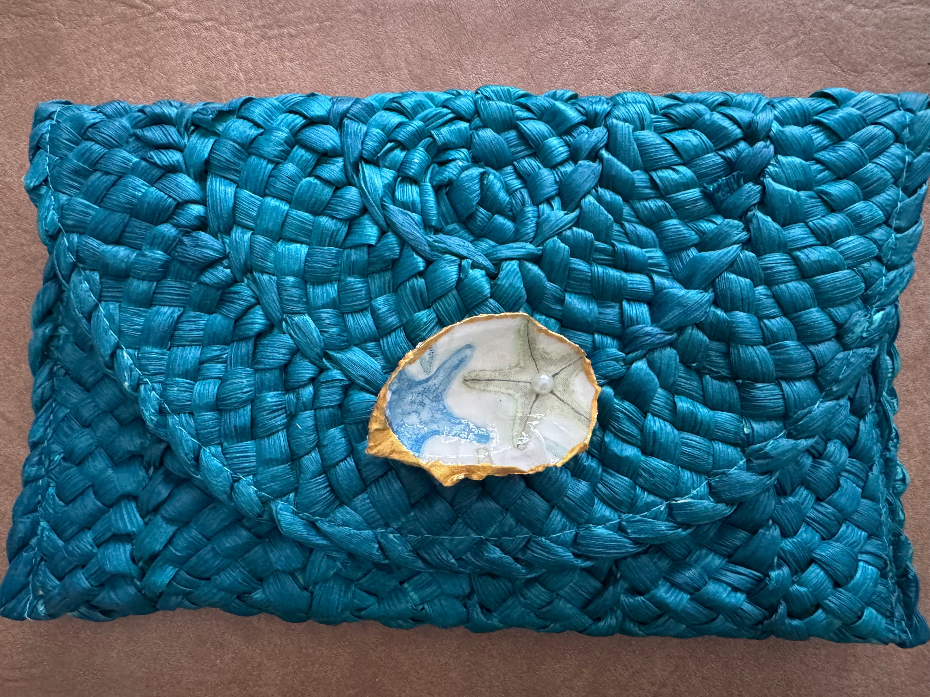 Oyster Embellished Straw Envelope Clutches