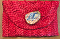 Oyster Embellished Straw Envelope Clutch - Red with Coastal Shell