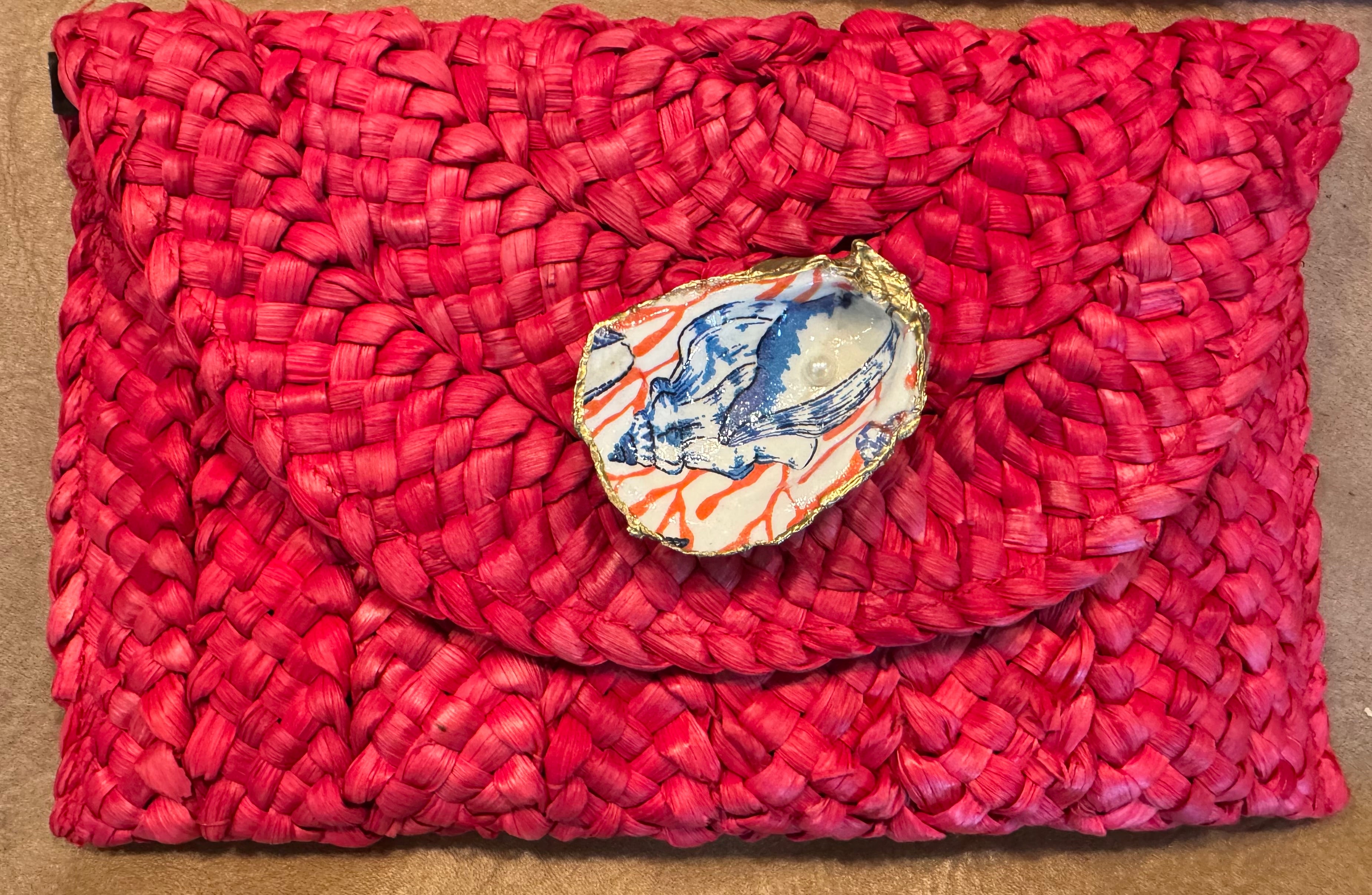 Oyster Embellished Straw Envelope Clutch - Red with Coastal Shell