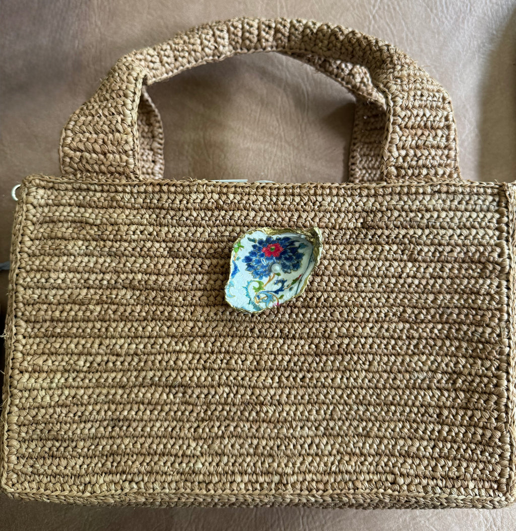 Handled Tote with Cross Body Strap - Blue Shell