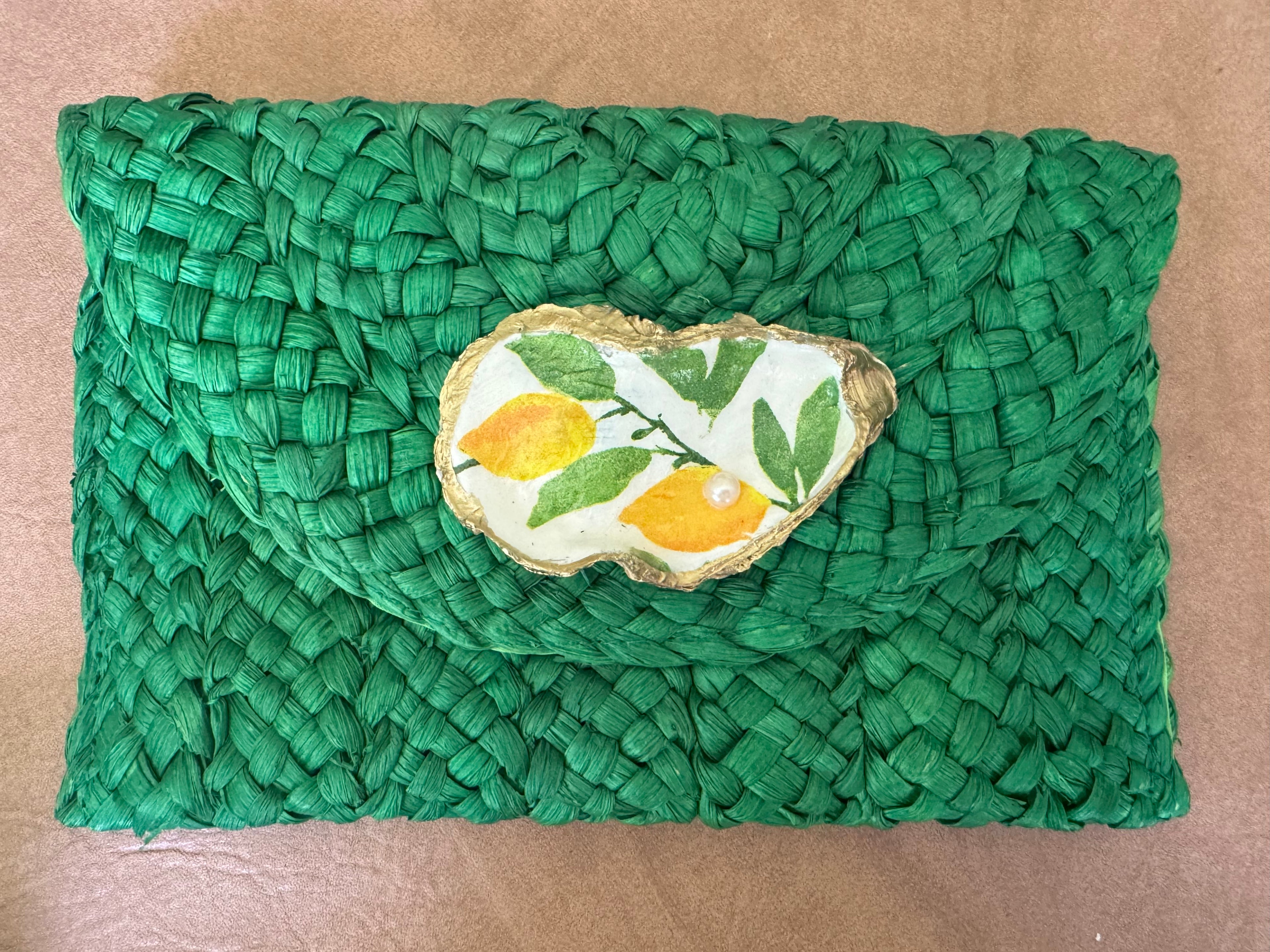 Oyster Embellished Straw Envelope Clutch - Green with Lemons