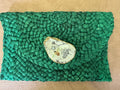 Oyster Embellished Straw Envelope Clutch - Green with Bee
