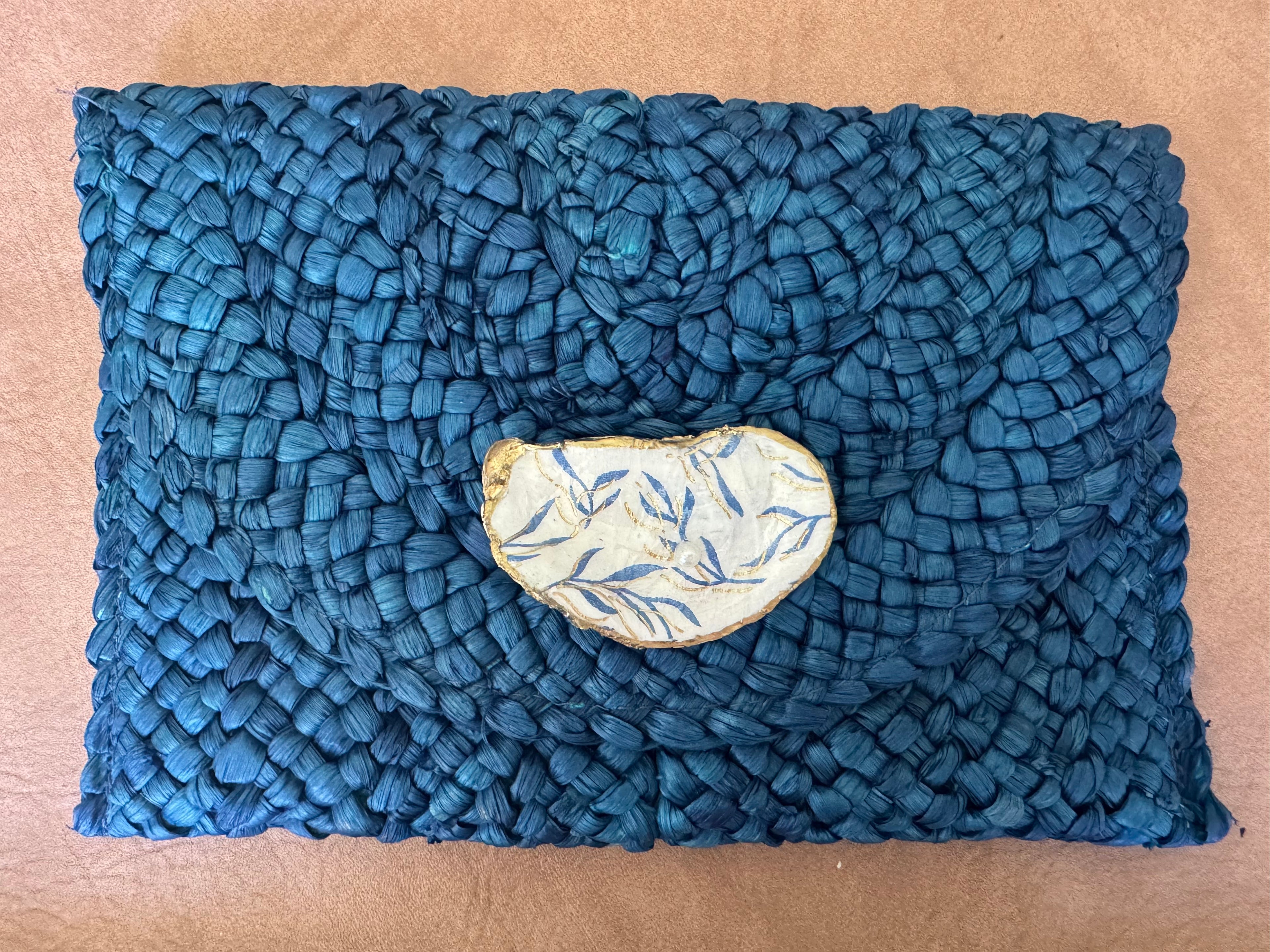 Oyster Embellished Straw Envelope Clutch - Blue with Gold Fleck