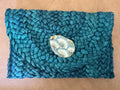 Oyster Embellished Straw Envelope Clutch - Teal with Sea Scallop