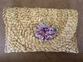 Oyster Embellished Straw Envelope Clutch - Natural with Purple Peony