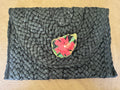 Oyster Embellished Straw Envelope Clutch - Black with Red Flower