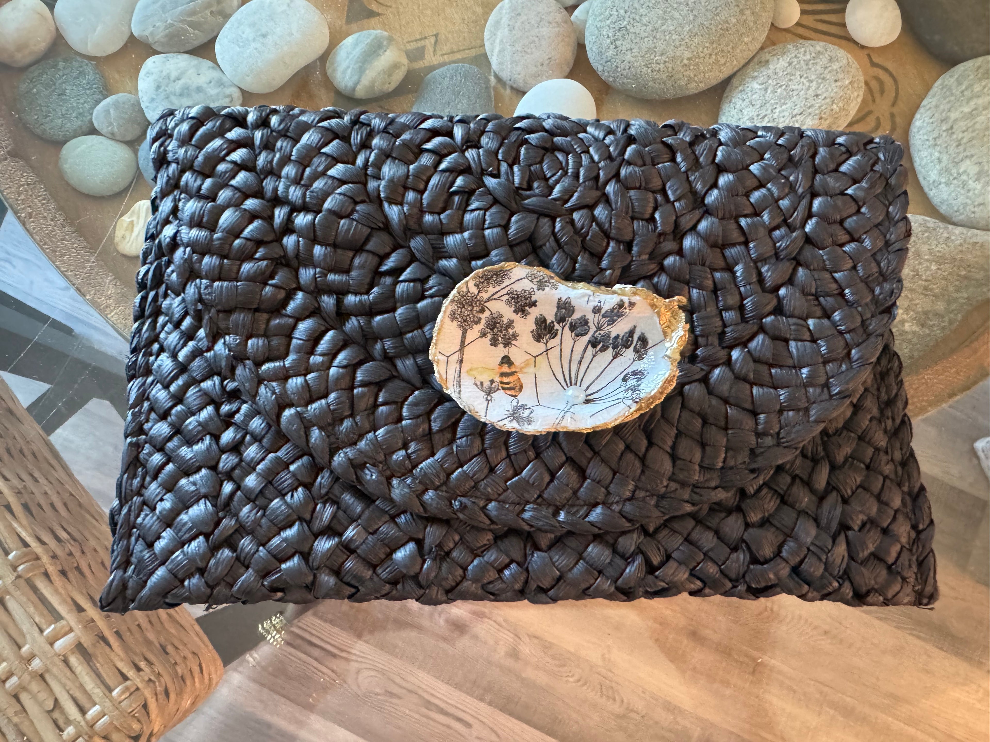 Oyster Embellished Straw Envelope Clutch - Black with Bee