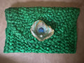 Oyster Embellished Straw Envelope Clutch - Green with Peacock Shell
